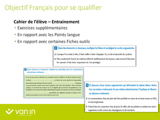 • Exercices supplémentaires
• En rapport avec les Points langue
• En rapport avec certaines Fiches outils
Cahier de l’élève – Entrainement
Objectif Français pour se qualifier
 