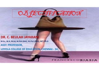 OBJECTIFICATION
DR. C. BEULAH JAYARANI
M.Sc., M.A, M.Ed, M.Phil (Edn), M.Phil (ZOO), NET, Ph.D
ASST. PROFESSOR,
LOYOLA COLLEGE OF EDUCATION, CHENNAI - 34
 