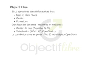 Objectif Libre
SSLL spécialisée dans l'infrastructure linux:
Mise en place / Audit
Gestion
Formations
Gros focus sur des outils "modernes" et innovants :
Gestion de parc (Puppet et GLPI)
Virtualisation (KVM, LXC, OpenStack..)
La contribution dans les gènes : Top 20 mondial pour OpenStack
 