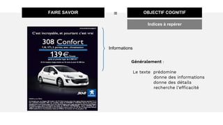 FAIRE SAVOIR OBJECTIF COGNITIF
Généralement :
Le texte prédomine
donne des informations
donne des détails
recherche l’efficacité
Informations
Indices à repérer
=
 