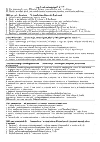 Liste des sujets et des objectifs (8 / 17)
11. Citer les principales causes d’hématurie d’origine rénale, vésicale et urétro-prostatique.
12. Planifier la conduite à tenir en urgence devant une hématurie macroscopique grave d’origine urologique.
34.Hémorragies digestives. Physiopathologie, Diagnostic, Traitement.
1. Définir les hémorragies digestives hautes et basses.
2. Décrire la vascularisation artérielle de l’estomac et du duodénum.
3. Décrire le système porte en précisant les anastomoses porto-caves et leurs corrélations cliniques.
4. Expliquer la physiopathologie de l’hémorragie digestive en fonction de l’étiologie.
5. Décrire les différentes circonstances de découverte d’une hémorragie digestive.
6. Réunir les éléments de gravité cliniques, paracliniques et évolutifs d’une hémorragie digestive.
7. Etablir le diagnostic étiologique d’une hémorragie digestive à partir des données cliniques et paracliniques.
8. Planifier la prise en charge thérapeutique d’une hémorragie digestive en fonction de sa gravité et de son étiologie.
9. Expliquer les mesures préventives primaires et secondaires d’une hémorragie digestive.
35.Hépatites virales. Epidémiologie, Etiopathogénie, Physiopathologie, Diagnostic, Traitement.
1. Définir l’hépatite virale.
2. Décrire l’épidémiologie, les modes de transmission et les facteurs de risque des hépatites virales en Tunisie et dans le
monde.
3. Décrire les caractéristiques virologiques des différents virus des hépatites.
4. Expliquer les mécanismes immuno-pathologiques des hépatites virales selon le virus en cause.
5. Poser le diagnostic d’une hépatite virale à partir des données anamnestiques, cliniques et paracliniques.
6. Interpréter les différents profils sérologiques des hépatites virales.
7. Indiquer les modalités de surveillance clinique et paraclinique des hépatites virales selon le stade évolutif et le virus
en cause.
8. Planifier la stratégie thérapeutique des hépatites virales selon le stade évolutif et le virus en cause.
9. Indiquer les mesures prophylactiques des hépatites virales selon le virus en cause.
36.Hydatidoses hépatiques et pulmonaires. Epidémiologie, Etiopathogénie, Diagnostic, Orientations
thérapeutiques.
1. Décrire les caractéristiques épidémiologiques de l’hydatidose pulmonaire et hépatique en Tunisie et dans le monde.
2. Expliquer le cycle du parasite Echinococcus Granulosis et les modes d’infestation de l’homme.
3. Décrire l’aspect anatomo-pathologique du kyste hydatique au cours de ses différentes phases évolutives.
4. Décrire les différents tableaux radio-cliniques du kyste hydatique du poumon en fonction de ses stades évolutifs et de
ses complications.
5. Planifier les examens complémentaires nécessaires au diagnostic et au bilan d’extension du kyste hydatique du
poumon.
6. Discuter les principaux diagnostics différentiels en fonction des stades évolutifs du kyste hydatique du poumon.
7. Décrire le principe et les indications du traitement chirurgical du kyste hydatique pulmonaire en fonction de son stade
évolutif.
8. Réunir les éléments cliniques et paracliniques du diagnostic positif du kyste hydatique dans sa localisation hépatique et
dans ses différentes formes cliniques.
9. Décrire la segmentation tomodensitométrique du foie.
10.Préciser le rôle de la tomodensitométrie dans l’exploration d’une hydatidose hépatique.
11.Identifier les différents types de kystes hydatiques du foie selon la classification échographique de Gharbi.
12.Décrire les principes du traitement chirurgical du kyste hydatique du foie et ses complications.
13.Décrire les moyens de prévention du kyste hydatique.
37.Hypercalcémies. Physiopathologie, Orientation diagnostque, Traitement.
1. Expliquer les mécanismes physiopathologiques induisant une hypercalcémie.
2. Décrire les conséquences physiopathologiques de l’hypercalcémie.
3. Réunir les éléments cliniques et paracliniques en faveur du diagnostic positif d’une hypercalcémie.
4. Réunir les éléments cliniques et paracliniques permettant d’établir le diagnostic étiologique de l’hypercalcémie.
5. Identifier les manifestations cliniques et biologiques d’une « crise aiguë hypercalcémique » en établissant son degré de
gravité.
6. Planifier la prise en charge symptomatique et étiologique d’une hypercalcémie.
38.Hypertension artérielle. Epidémiologie, Physiopathologie, Ethiopathogénie, Diagnostic, Complications,
Traitement.
1. Expliquer les mécanismes physiologiques de la régulation nerveuse et hormonale de la pression artérielle.
2. Expliquer les mécanismes physiopathologiques de l’hypertension artérielle.
3. Identifier les facteurs de risque de l’hypertension artérielle de l’adulte.
4. Décrire les facteurs étiopathogéniques de l’hypertension artérielle.
5. Etablir le diagnostic positif de l’hypertension artérielle.
 