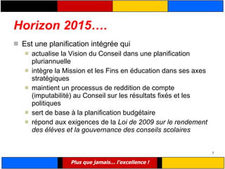 Horizon 2015…. <ul><li>Est une planification intégrée qui  </li></ul><ul><ul><li>actualise la Vision du Conseil dans une p...