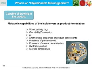 11
For Business Use Only, Stephen McGrath PhD. 21st November 2013
Metabolic capabilities of the isolate versus product formulation
 Water activity (aw)
 Osmolality/Osmolarity
 pH
 Antimicrobial properties of product constituents
 Presence of preservatives
 Presence of natural raw materials
 Synthetic product
 Storage temperature
 