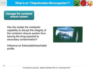 14
For Business Use Only, Stephen McGrath PhD. 21st November 2013
Has the isolate the metabolic
capability to disrupt the integrity of
the container closure system thus
leaving the drug exposed to
secondary contamination?
Influence on Extractable/leachable
profile
 