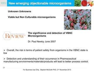 31
For Business Use Only, Stephen McGrath PhD. 21st November 2013
Unknown Unknowns
Viable but Non Culturable microorganisms
The significance and detection of VBNC
Microorganisms
Dr. Paul Newby June 2007
 Overall, the risk in terms of patient safety from organisms in the VBNC state is
low
 Detection and understanding of their occurrence in Pharmaceutical
manufacturing environments/materials/products will lead to better process control.
 