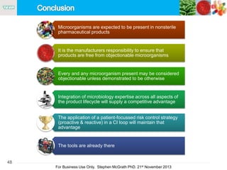 48
For Business Use Only, Stephen McGrath PhD. 21st November 2013
Microorganisms are expected to be present in nonsterile
pharmaceutical products
It is the manufacturers responsibility to ensure that
products are free from objectionable microorganisms
Every and any microorganism present may be considered
objectionable unless demonstrated to be otherwise
Integration of microbiology expertise across all aspects of
the product lifecycle will supply a competitive advantage
The application of a patient-focussed risk control strategy
(proactive & reactive) in a CI loop will maintain that
advantage
The tools are already there
 