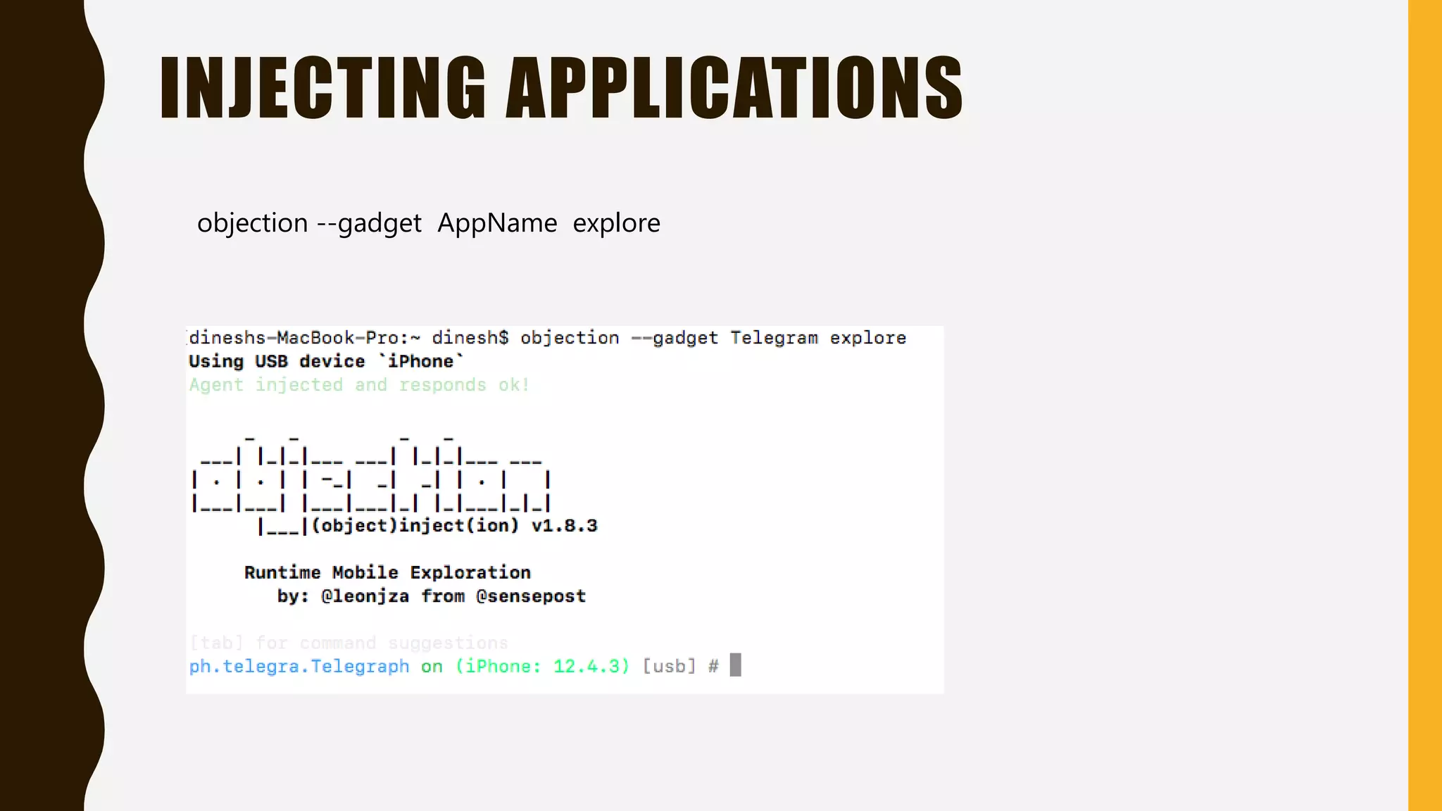 INJECTING APPLICATIONS
objection --gadget AppName explore
 