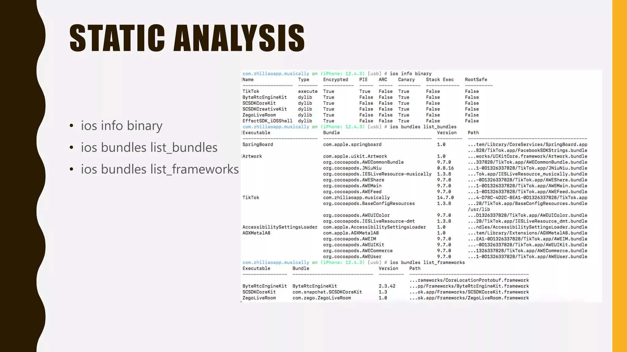 STATIC ANALYSIS
• ios info binary
• ios bundles list_bundles
• ios bundles list_frameworks
 