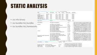 STATIC ANALYSIS
• ios info binary
• ios bundles list_bundles
• ios bundles list_frameworks
 