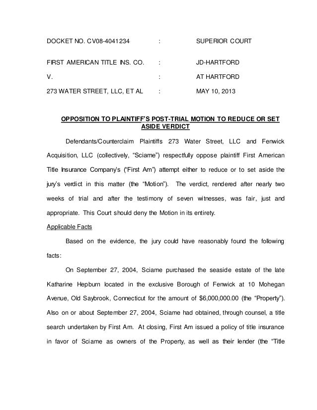 Objection To Plaintiff S Post Trial Motion To Reduce Or Set Aside Ver