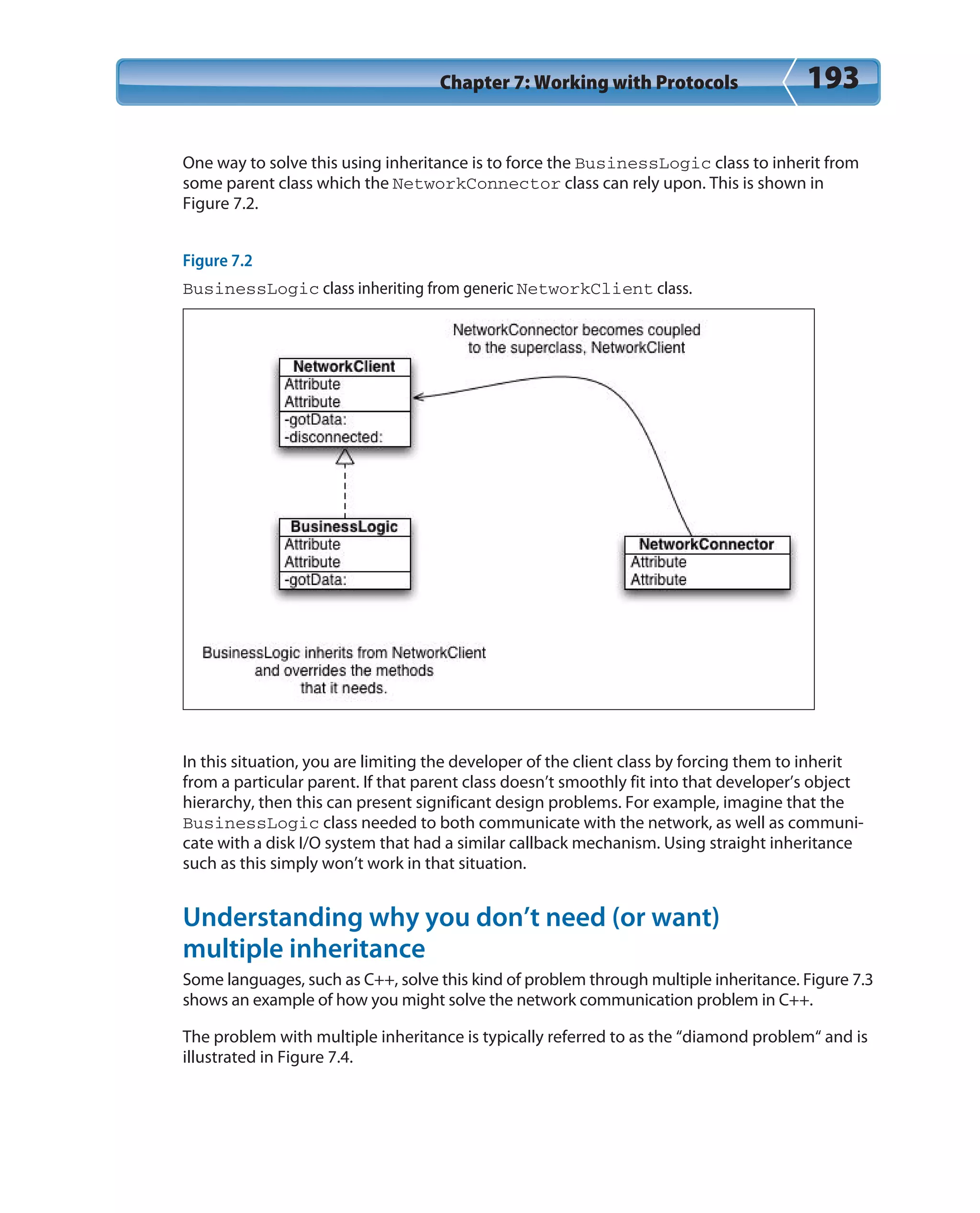 Chapter 7: Working with Protocols 193
One way to solve this using inheritance is to force the BusinessLogic class to inherit from
some parent class which the NetworkConnector class can rely upon. This is shown in
Figure 7.2.
Figure 7.2
BusinessLogic class inheriting from generic NetworkClient class.
In this situation, you are limiting the developer of the client class by forcing them to inherit
from a particular parent. If that parent class doesn’t smoothly fit into that developer’s object
hierarchy, then this can present significant design problems. For example, imagine that the
BusinessLogic class needed to both communicate with the network, as well as communi-
cate with a disk I/O system that had a similar callback mechanism. Using straight inheritance
such as this simply won’t work in that situation.
Understanding why you don’t need (or want)
multiple inheritance
Some languages, such as C++, solve this kind of problem through multiple inheritance. Figure 7.3
shows an example of how you might solve the network communication problem in C++.
The problem with multiple inheritance is typically referred to as the “diamond problem“ and is
illustrated in Figure 7.4.
 