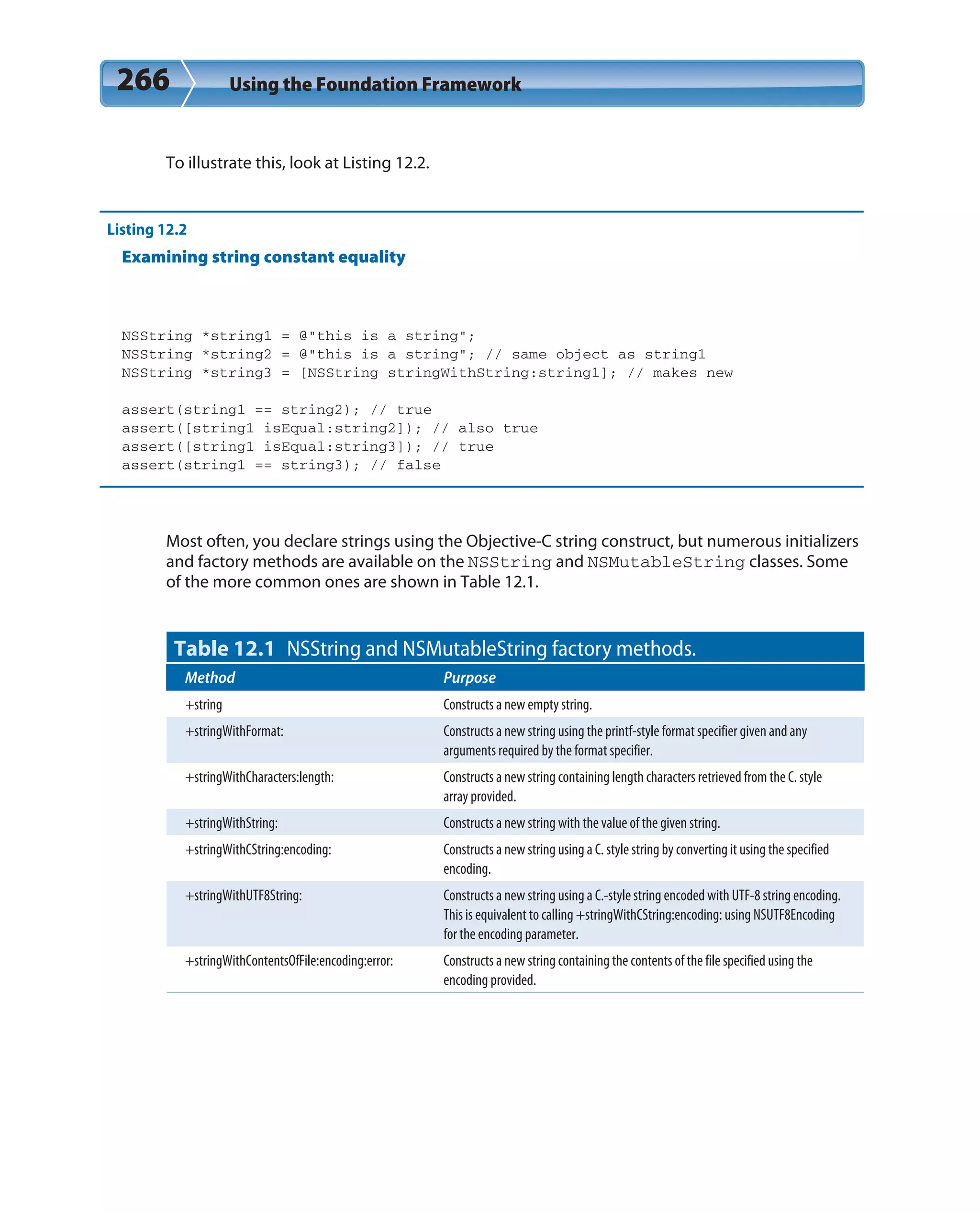266 Using the Foundation Framework
To illustrate this, look at Listing 12.2.
Listing 12.2
Examining string constant equality
NSString *string1 = @”this is a string”;
NSString *string2 = @”this is a string”; // same object as string1
NSString *string3 = [NSString stringWithString:string1]; // makes new
assert(string1 == string2); // true
assert([string1 isEqual:string2]); // also true
assert([string1 isEqual:string3]); // true
assert(string1 == string3); // false
Most often, you declare strings using the Objective-C string construct, but numerous initializers
and factory methods are available on the NSString and NSMutableString classes. Some
of the more common ones are shown in Table 12.1.
Table 12.1 NSString and NSMutableString factory methods.
Method Purpose
+string Constructs a new empty string.
+stringWithFormat: Constructs a new string using the printf-style format specifier given and any
arguments required by the format specifier.
+stringWithCharacters:length: Constructs a new string containing length characters retrieved from the C. style
array provided.
+stringWithString: Constructs a new string with the value of the given string.
+stringWithCString:encoding: Constructs a new string using a C. style string by converting it using the specified
encoding.
+stringWithUTF8String: Constructs a new string using a C.-style string encoded with UTF-8 string encoding.
This is equivalent to calling +stringWithCString:encoding: using NSUTF8Encoding
for the encoding parameter.
+stringWithContentsOfFile:encoding:error: Constructs a new string containing the contents of the file specified using the
encoding provided.
 