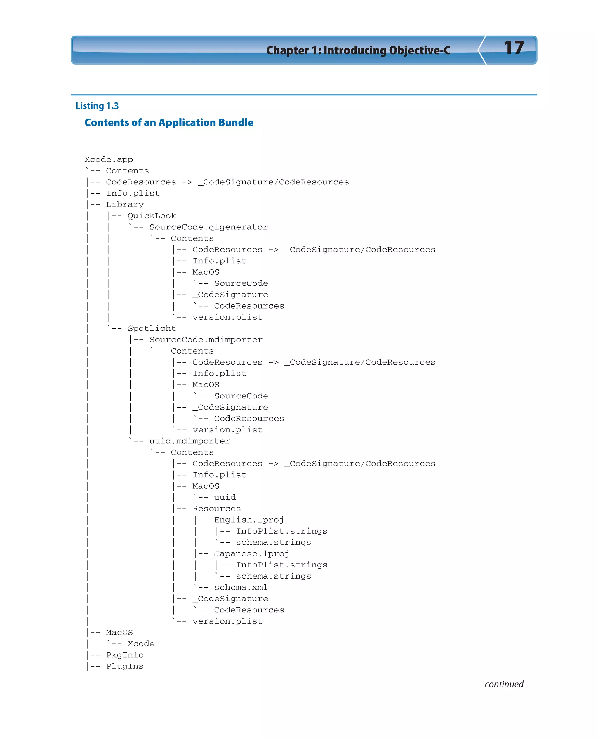 Chapter 1: Introducing Objective-C 17
Listing 1.3
Contents of an Application Bundle
Xcode.app
`-- Contents
|-- CodeResources -> _CodeSignature/CodeResources
|-- Info.plist
|-- Library
| |-- QuickLook
| | `-- SourceCode.qlgenerator
| | `-- Contents
| | |-- CodeResources -> _CodeSignature/CodeResources
| | |-- Info.plist
| | |-- MacOS
| | | `-- SourceCode
| | |-- _CodeSignature
| | | `-- CodeResources
| | `-- version.plist
| `-- Spotlight
| |-- SourceCode.mdimporter
| | `-- Contents
| | |-- CodeResources -> _CodeSignature/CodeResources
| | |-- Info.plist
| | |-- MacOS
| | | `-- SourceCode
| | |-- _CodeSignature
| | | `-- CodeResources
| | `-- version.plist
| `-- uuid.mdimporter
| `-- Contents
| |-- CodeResources -> _CodeSignature/CodeResources
| |-- Info.plist
| |-- MacOS
| | `-- uuid
| |-- Resources
| | |-- English.lproj
| | | |-- InfoPlist.strings
| | | `-- schema.strings
| | |-- Japanese.lproj
| | | |-- InfoPlist.strings
| | | `-- schema.strings
| | `-- schema.xml
| |-- _CodeSignature
| | `-- CodeResources
| `-- version.plist
|-- MacOS
| `-- Xcode
|-- PkgInfo
|-- PlugIns
continued
 