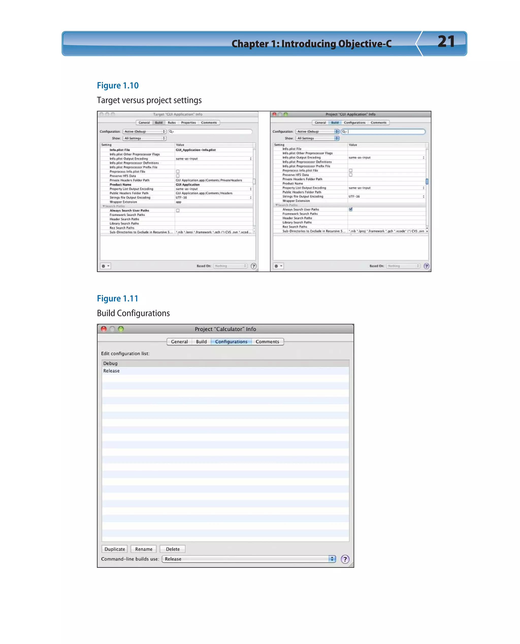 Chapter 1: Introducing Objective-C 21
Figure 1.10
Target versus project settings
Figure 1.11
Build Configurations
 
