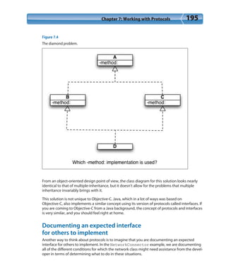 Chapter 7: Working with Protocols 195
Figure 7.4
The diamond problem.
From an object-oriented design point of view, the class diagram for this solution looks nearly
identical to that of multiple-inheritance, but it doesn’t allow for the problems that multiple
inheritance invariably brings with it.
This solution is not unique to Objective-C. Java, which in a lot of ways was based on
Objective-C, also implements a similar concept using its version of protocols called interfaces. If
you are coming to Objective-C from a Java background, the concept of protocols and interfaces
is very similar, and you should feel right at home.
Documenting an expected interface
for others to implement
Another way to think about protocols is to imagine that you are documenting an expected
interface for others to implement. In the NetworkConnector example, we are documenting
all of the different conditions for which the network class might need assistance from the devel-
oper in terms of determining what to do in these situations.
 