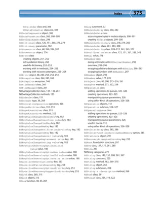 Index 375
NSCalendar class and, 306
NSDateFormatter class and, 309
NSDateComponents object, 306
NSDateFormatter class, 260, 308–309
NSDecimalNumber class, 298
NSDictionary class, 126, 151, 260, 276, 279
NSDictionary parameter, 182
NSEnumerator class, 68, 260, 286, 287
NSEnumerator object, 274
NSError class
creating objects, 251–252
in Foundation library, 260
userInfo dictionary, 252–253
working with in methods, 254–255
working with recovery attempter, 253–254
NSError object, 48, 240, 250–252, 254
NSException class, 244, 245, 260
NSException exception, 248
NSFileHandle class, 260
NSFileManager class, 261
NSGarbageCollector class, 134–135, 261
NSGarbageCollector methods, 135
NSIndexSet class, 151
NSInteger type, 36, 269
NSInvocationOperation operation, 326
NSKeyedArchiver class, 351, 353
NSKeyedUnarchiver class, 353
NSKeyedUnarchiver method, 352
NSKeyValueChangeIndexesKey key, 182
NSKeyValueChangeInsertion value key, 183
NSKeyValueChangeKindKey key, 182
NSKeyValueChangeNewKey key, 182
NSKeyValueChangeNotificationIsPriorKey key, 182
NSKeyValueChangeOldKey key, 182
NSKeyValueChangeRemoval value key, 183
NSKeyValueChangeReplacement value key, 183
NSKeyValueChangeSetting value key, 183
NSKeyValueObservingOptionInitial
value value, 180
NSKeyValueObservingOptionNew value value, 180
NSKeyValueObservingOptionOld value value, 180
NSKeyValueObservingOptionPrior value value, 180
NSLocalizedDescriptionKey key, 253
NSLocalizedFailureReasonKey key, 253
NSLocalizedRecoveryOptionsErrorKey key, 253
NSLocalizedRecoverySuggestionErrorKey key, 253
NSLock class, 260, 315
NSLock object, 315
NSLog function, 30, 33, 267
NSLog statement, 32
NSMutableArray class, 260, 282
NSMutableData class
accessing raw bytes in nsdata objects, 300–301
creating NSData objects, 299–300
NSMutableDictionary class, 218, 219, 260
NSMutableSet class, 261, 283, 300
NSMutableString class, 209–212, 261, 265, 271
NSNotificationCenter class, 122, 151, 261, 339, 343
NSNull value, 278
NSNumber class
doing arithmetic with NSDecimalNumber, 298
overview, 295–296
wrapping arbitrary datatypes with NSValue, 296–297
wrapping numbers with NSNumber, 297
NSNumber object, 298
NSNumber value, 177, 278
NSObject class, 80, 200, 215–216, 261
NSObject method, 277, 322, 338
NSOperation class
adding operations to queues, 325–326
creating operations, 323–325
manipulating queue parameters, 326
using other kinds of operations, 326–328
NSOperation objects, 151
NSOperation subclass, 324–327
NSOperationQueue class
adding operations to queues, 325–326
creating operations, 323–325
manipulating queue parameters, 326
used in Cocoa, 151
using other kinds of operations, 326–328
NSPointerArray class, 285, 286
NSPointerFunctionsZeroingWeakMemory option, 285
NSPredicate object, 291
NSRecoveryAttempterErrorKey key, 253
NSRect foundation structure, 297
NSSet class, 151, 175, 261, 280
NSSize, 297
NSString categories, 271
NSString class, 142, 151, 208, 261, 267
NSString constants, 220
NSString method, 182, 269–270
NSString object, 265
NSString subclasses, 208
NSString’s -description method, 268
NSTask class, 261
NSThread class, 261, 319, 322
 
