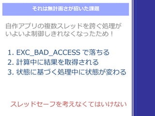 それは無計画さが招いた課題
1. EXC_̲BAD_̲ACCESS  で落落ちる
2. 計算中に結果を取得される
3. 状態に基づく処理理中に状態が変わる
1. EXC_̲BAD_̲ACCESS  で落落ちる
2. 計算中に結果を取得される
3. 状態に基づく処理理中に状態が変わる
⾃自作アプリの複数スレッドを跨ぐ処理理が
いよいよ制御しきれなくなったため！
⾃自作アプリの複数スレッドを跨ぐ処理理が
いよいよ制御しきれなくなったため！
スレッドセーフを考えなくてはいけないスレッドセーフを考えなくてはいけない
 