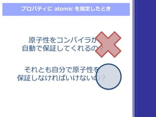 それとも⾃自分で原⼦子性を
保証しなければいけないの？
それとも⾃自分で原⼦子性を
保証しなければいけないの？
原⼦子性をコンパイラが
⾃自動で保証してくれるの？
原⼦子性をコンパイラが
⾃自動で保証してくれるの？
プロパティに atomic  を指定したとき
 