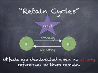 “Retain Cycles”
o1 o2
strong
strong
Leak!
Objects are deallocated when no strong
references to them remain.
 