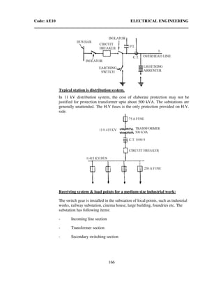 Code: AE10 ELECTRICAL ENGINEERING
166
Typical station is distribution system.
In 11 kV distribution system, the cost of elaborate protection may not be
justified for protection transformer upto about 500 kVA. The substations are
generally unattended. The H.V fuses is the only protection provided on H.V.
side.
Receiving system & load points for a medium size industrial work:
The switch gear is installed in the substation of local points, such as industrial
works, railway substation, cinema house, large building, foundries etc. The
substation has following items:
- Incoming line section
- Transformer section
- Secondary switching section
 