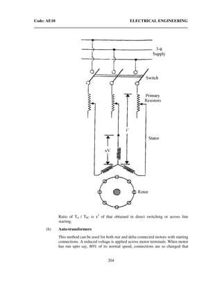 Code: AE10 ELECTRICAL ENGINEERING
204
Ratio of Tst / T8C is x2
of that obtained in direct switching or across line
starting.
(b) Auto-transformers
This method can be used for both star and delta connected motors with starting
connections. A reduced voltage is applied across motor terminals. When motor
has run upto say, 80% of its normal speed, connections are so changed that
 