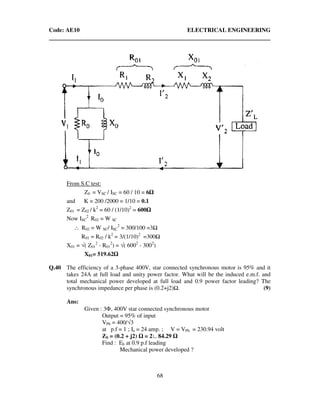 Code: AE10 ELECTRICAL ENGINEERING
68
From S.C test:
Z0 = VSC / ISC = 60 / 10 = 6
and K = 200 /2000 = 1/10 = 0.1
Z01 = Z02 / k2
= 60 / (1/10)2
= 600
Now ISC
2
R02 = W SC
∴ R02 = W SC/ ISC
2
= 300/100 =3
R01 = R02 / k2
= 3/(1/10)2
=300
X01 = √( Z01
2
- R01
2
) = √( 6002
- 3002
)
X01= 519.62
Q.40 The efficiency of a 3-phase 400V, star connected synchronous motor is 95% and it
takes 24A at full load and unity power factor. What will be the induced e.m.f. and
total mechanical power developed at full load and 0.9 power factor leading? The
synchronous impedance per phase is (0.2+j2) . (9)
Ans:
Given : 3Φ, 400V star connected synchronous motor
Output = 95% of input
VPh = 400/√3
at p.f = 1 ; Ia = 24 amp. ; V = VPh = 230.94 volt
ZS = (0.2 + j2) = 2∟84.29
Find : Eb at 0.9 p.f leading
Mechanical power developed ?
 