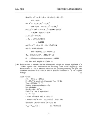 Code: AE10 ELECTRICAL ENGINEERING
72
Now Ebac = V cos Φ - IaRa = 100 x 0.652 – 4.6 x 3.5
= 49.1 volts
and V2
= ( Ebac + IaRa)2
+ (IaXa)2
1002
= ( 49.1 + 4.6 x 3.5)2
+ (4.6Xa)2
(4.6Xa)2
= 1002
- ( 49 + 16.1)2
= 10000 – (65.2)2
= 10,000 – 4251 = 5748.96
21.16 Xa
2
= 5748.96
∴ Xa = √5748.96 / 21.16
= 16.48
and Ebdc = V- IaRa = 100 - 4.6 x 3.5= 83.9 V
and Ebdc = NΦmPZ / 60A
83.9 = 5000 Φm x 2 x 960/ 60 x 2
Φm = 83.9 / 8.0 x 104
= 1.048 x 10-3
wb
(i) ∴ effective armature reactance = 16.48
(ii) Max. flux per pole = 1.048 x 10-3
Q.44 Using normal Π method, find the sending end voltage and voltage regulation of a
250Km, 3 phase, 50Hz transmission line delivering 25MVA at 0.8 lagging p.f. to a
balanced load to 132KV. The line conductors are spaced equilaterally 3m apart. The
conductor resistance is 0.11 /Km and its effective diameter is 1.6 cm. Neglect
leakage. (8)
Ans: Given:
3Φ, 50Hz, d = 250km
P0 = 25mVA, cos Φ = 0.8 (lagging), VR = 132 KV
VR/ph = 132000/ √ 3 V
Spacing between conductors = 3m
R = 0.11 /km
Dia (D) = 1.6 x 10-2
m
Find : Vs= ? and % regulation =?
Iph = Po / VR/ph
I = 25 x 106
/ 132 x 1000 = 25000/132
Line loss = 3 I2
R = 3 x (25000 / 132)2
x 0.11 x 250
Resistance / phase = 0.11 x 250 = 27.5
VS/ph = VR/ph + IZ ; ( Z = R/Phase)
 