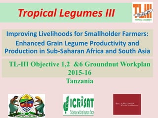 Tropical Legumes III
Improving Livelihoods for Smallholder Farmers:
Enhanced Grain Legume Productivity and
Production in Sub-Saharan Africa and South Asia
TL-III Objective 1,2 &6 Groundnut Workplan
2015-16
Tanzania
 
