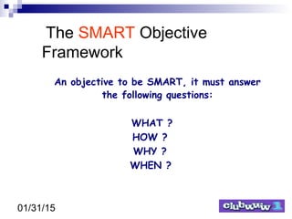 01/31/15
The SMART Objective
Framework
An objective to be SMART, it must answer
the following questions:
WHAT ?
HOW ?
WHY ?
WHEN ?
 