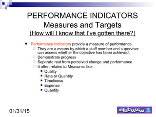 01/31/15
PERFORMANCE INDICATORS
Measures and Targets
(How will I know that I’ve gotten there?)
 Performance Indicators provide a measure of performance.
 They are a means by which a staff member and supervisor
can assess whether the objective has been achieved.
 Demonstrate progress
 Separate real from perceived change and performance
 It often relates to Measures like:
 Quality
 Rate or Quantity
 Timeliness
 Expense
 Quantity
 