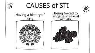 CAUSES of STI
Having a history of
STIs
Being forced to
engage in sexual
activity.
 