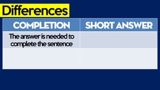 Differences
Completion ShortAnswer
Theanswerisneededto
completethesentence
 