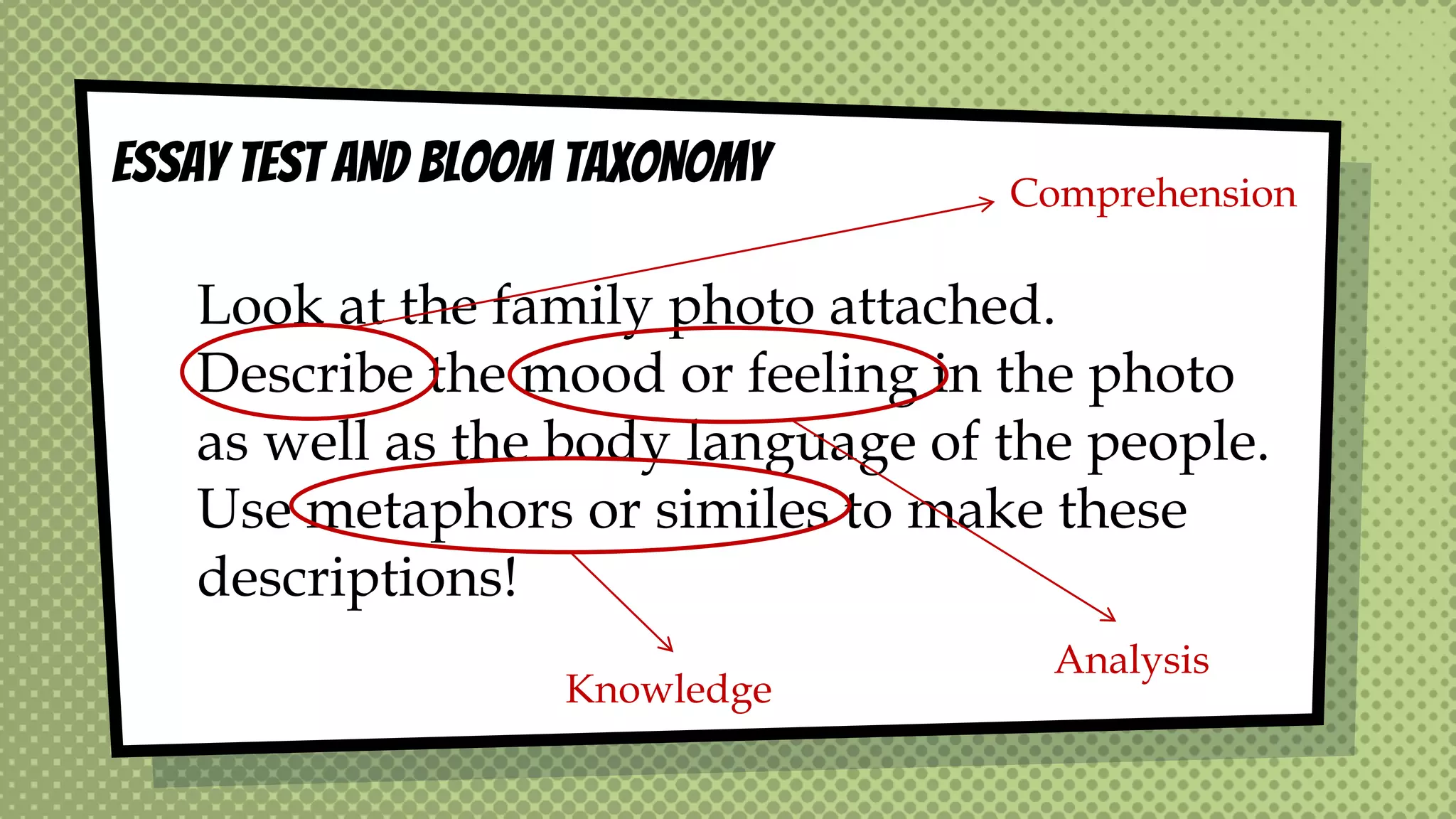Look at the family photo attached.
Describe the mood or feeling in the photo
as well as the body language of the people.
Use metaphors or similes to make these
descriptions!
ESSAY TEST AND BLOOM TAXONOMY Comprehension
Analysis
Knowledge
 