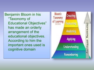 Benjamin Bloom in his
“Taxonomy of
Educational Objectives”
has made an orderly
arrangement of the
educational objectives.
According to him the
important ones used is
cognitive domain
 
