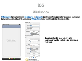 iOS
UITableView
UITableView komponentimizin DataSource ve Delegate özelliklerini ViewController sınıfımıza baglıyoruz,
bunu yapmadıgımız takdirde verilerimiz UITableView komponentimizde listelenmeyecektir.
Son olarak her bir satır için prototip
olusturuyoru ve bu prototipe bir tanımlayıcı
veriyoruz.
 