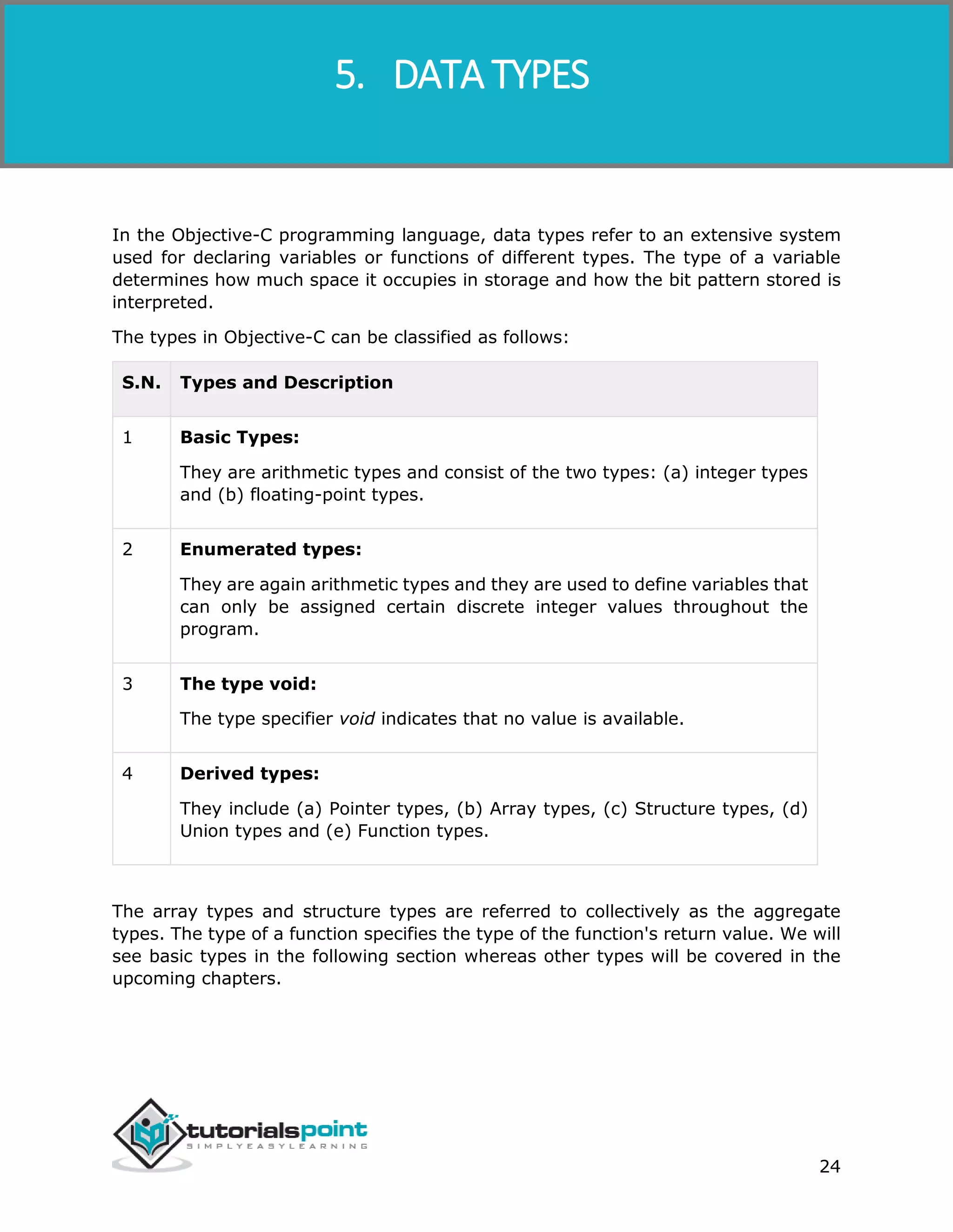 Objective-C 24 In the Objective-C programming language, data types refer to an extensive system used for declaring variables or functions of different types. The type of a variable determines how much space it occupies in storage and how the bit pattern stored is interpreted. The types in Objective-C can be classified as follows: S.N. Types and Description 1 Basic Types: They are arithmetic types and consist of the two types: (a) integer types and (b) floating-point types. 2 Enumerated types: They are again arithmetic types and they are used to define variables that can only be assigned certain discrete integer values throughout the program. 3 The type void: The type specifier void indicates that no value is available. 4 Derived types: They include (a) Pointer types, (b) Array types, (c) Structure types, (d) Union types and (e) Function types. The array types and structure types are referred to collectively as the aggregate types. The type of a function specifies the type of the function's return value. We will see basic types in the following section whereas other types will be covered in the upcoming chapters. 5. DATA TYPES 
