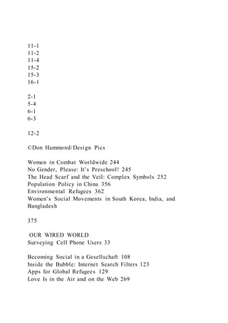 11-1
11-2
11-4
15-2
15-3
16-1
2-1
5-4
6-1
6-3
12-2
©Don Hammond/Design Pics
Women in Combat Worldwide 244
No Gender, Please: It’s Preschool! 245
The Head Scarf and the Veil: Complex Symbols 252
Population Policy in China 356
Environmental Refugees 362
Women’s Social Movements in South Korea, India, and
Bangladesh
375
OUR WIRED WORLD
Surveying Cell Phone Users 33
Becoming Social in a Gesellschaft 108
Inside the Bubble: Internet Search Filters 123
Apps for Global Refugees 129
Love Is in the Air and on the Web 269
 