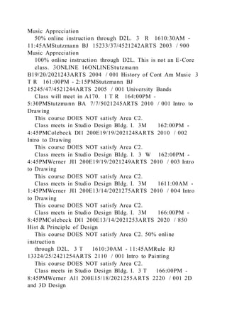 Music Appreciation
50% online instruction through D2L. 3 R 1610:30AM -
11:45AMStutzmann BJ 15233/37/4521242ARTS 2003 / 900
Music Appreciation
100% online instruction through D2L. This is not an E-Core
class. 3ONLINE 16ONLINEStutzmann
B19/20/2021243ARTS 2004 / 001 History of Cont Am Music 3
T R 161:00PM - 2:15PMStutzmann BJ
15245/47/4521244ARTS 2005 / 001 University Bands
Class will meet in A170. 1 T R 164:00PM -
5:30PMStutzmann BA 7/7/5021245ARTS 2010 / 001 Intro to
Drawing
This course DOES NOT satisfy Area C2.
Class meets in Studio Design Bldg. I. 3M 162:00PM -
4:45PMColebeck DI1 200E19/19/2021248ARTS 2010 / 002
Intro to Drawing
This course DOES NOT satisfy Area C2.
Class meets in Studio Design Bldg. I. 3 W 162:00PM -
4:45PMWerner JI1 200E19/19/2021249ARTS 2010 / 003 Intro
to Drawing
This course DOES NOT satisfy Area C2.
Class meets in Studio Design Bldg. I. 3M 1611:00AM -
1:45PMWerner JI1 200E13/14/2021275ARTS 2010 / 004 Intro
to Drawing
This course DOES NOT satisfy Area C2.
Class meets in Studio Design Bldg. I. 3M 166:00PM -
8:45PMColebeck DI1 200E13/14/2021253ARTS 2020 / 850
Hist & Principle of Design
This course DOES NOT satisfy Area C2. 50% online
instruction
through D2L. 3 T 1610:30AM - 11:45AMRule RJ
13324/25/2421254ARTS 2110 / 001 Intro to Painting
This course DOES NOT satisfy Area C2.
Class meets in Studio Design Bldg. I. 3 T 166:00PM -
8:45PMWerner AI1 200E15/18/2021255ARTS 2220 / 001 2D
and 3D Design
 
