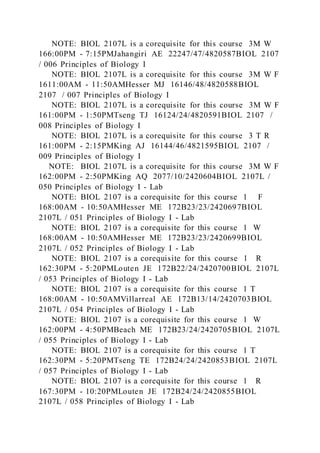 NOTE: BIOL 2107L is a corequisite for this course 3M W
166:00PM - 7:15PMJahangiri AE 22247/47/4820587BIOL 2107
/ 006 Principles of Biology I
NOTE: BIOL 2107L is a corequisite for this course 3M W F
1611:00AM - 11:50AMHesser MJ 16146/48/4820588BIOL
2107 / 007 Principles of Biology I
NOTE: BIOL 2107L is a corequisite for this course 3M W F
161:00PM - 1:50PMTseng TJ 16124/24/4820591BIOL 2107 /
008 Principles of Biology I
NOTE: BIOL 2107L is a corequisite for this course 3 T R
161:00PM - 2:15PMKing AJ 16144/46/4821595BIOL 2107 /
009 Principles of Biology I
NOTE: BIOL 2107L is a corequisite for this course 3M W F
162:00PM - 2:50PMKing AQ 2077/10/2420604BIOL 2107L /
050 Principles of Biology I - Lab
NOTE: BIOL 2107 is a corequisite for this course 1 F
168:00AM - 10:50AMHesser ME 172B23/23/2420697BIOL
2107L / 051 Principles of Biology I - Lab
NOTE: BIOL 2107 is a corequisite for this course 1 W
168:00AM - 10:50AMHesser ME 172B23/23/2420699BIOL
2107L / 052 Principles of Biology I - Lab
NOTE: BIOL 2107 is a corequisite for this course 1 R
162:30PM - 5:20PMLouten JE 172B22/24/2420700BIOL 2107L
/ 053 Principles of Biology I - Lab
NOTE: BIOL 2107 is a corequisite for this course 1 T
168:00AM - 10:50AMVillarreal AE 172B13/14/2420703BIOL
2107L / 054 Principles of Biology I - Lab
NOTE: BIOL 2107 is a corequisite for this course 1 W
162:00PM - 4:50PMBeach ME 172B23/24/2420705BIOL 2107L
/ 055 Principles of Biology I - Lab
NOTE: BIOL 2107 is a corequisite for this course 1 T
162:30PM - 5:20PMTseng TE 172B24/24/2420853BIOL 2107L
/ 057 Principles of Biology I - Lab
NOTE: BIOL 2107 is a corequisite for this course 1 R
167:30PM - 10:20PMLouten JE 172B24/24/2420855BIOL
2107L / 058 Principles of Biology I - Lab
 