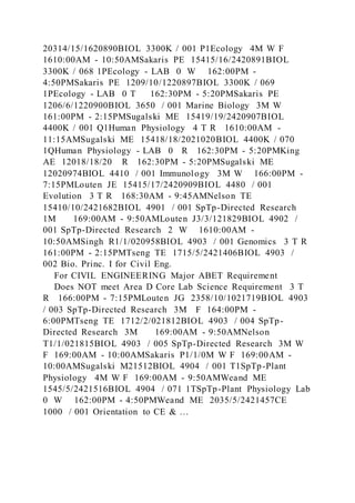 20314/15/1620890BIOL 3300K / 001 P1Ecology 4M W F
1610:00AM - 10:50AMSakaris PE 15415/16/2420891BIOL
3300K / 068 1PEcology - LAB 0 W 162:00PM -
4:50PMSakaris PE 1209/10/1220897BIOL 3300K / 069
1PEcology - LAB 0 T 162:30PM - 5:20PMSakaris PE
1206/6/1220900BIOL 3650 / 001 Marine Biology 3M W
161:00PM - 2:15PMSugalski ME 15419/19/2420907BIOL
4400K / 001 Q1Human Physiology 4 T R 1610:00AM -
11:15AMSugalski ME 15418/18/2021020BIOL 4400K / 070
1QHuman Physiology - LAB 0 R 162:30PM - 5:20PMKing
AE 12018/18/20 R 162:30PM - 5:20PMSugalski ME
12020974BIOL 4410 / 001 Immunology 3M W 166:00PM -
7:15PMLouten JE 15415/17/2420909BIOL 4480 / 001
Evolution 3 T R 168:30AM - 9:45AMNelson TE
15410/10/2421682BIOL 4901 / 001 SpTp-Directed Research
1M 169:00AM - 9:50AMLouten J3/3/121829BIOL 4902 /
001 SpTp-Directed Research 2 W 1610:00AM -
10:50AMSingh R1/1/020958BIOL 4903 / 001 Genomics 3 T R
161:00PM - 2:15PMTseng TE 1715/5/2421406BIOL 4903 /
002 Bio. Princ. I for Civil Eng.
For CIVIL ENGINEERING Major ABET Requirement
Does NOT meet Area D Core Lab Science Requirement 3 T
R 166:00PM - 7:15PMLouten JG 2358/10/1021719BIOL 4903
/ 003 SpTp-Directed Research 3M F 164:00PM -
6:00PMTseng TE 1712/2/021812BIOL 4903 / 004 SpTp-
Directed Research 3M 169:00AM - 9:50AMNelson
T1/1/021815BIOL 4903 / 005 SpTp-Directed Research 3M W
F 169:00AM - 10:00AMSakaris P1/1/0M W F 169:00AM -
10:00AMSugalski M21512BIOL 4904 / 001 T1SpTp-Plant
Physiology 4M W F 169:00AM - 9:50AMWeand ME
1545/5/2421516BIOL 4904 / 071 1TSpTp-Plant Physiology Lab
0 W 162:00PM - 4:50PMWeand ME 2035/5/2421457CE
1000 / 001 Orientation to CE & …
 