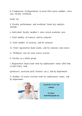 b. Comparison of departments in areas like course number, class
size, faculty workload,
trend, etc.
4. Faculty performance and workload. Some key analysis
include:
a. Individual faculty member’s most recent academic year.
i. Total number of courses, and by semester
ii. Total number of sections, and by semester
iii. Total registration head counts, and by semester and course
iv. Withdraw rate for each course section.
b. Faculty as a whole group
i. Registration head count total by employment status (full time
or part time), rank
(professor, associate prof, lecturer, etc.), and by department
ii. Number of course sections total by employment status, and
by department
 
