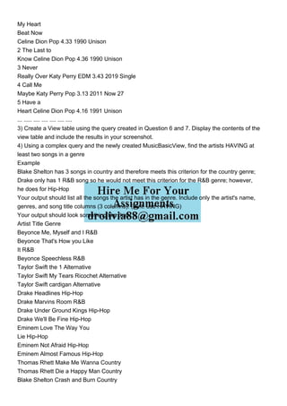 My Heart
Beat Now
Celine Dion Pop 4.33 1990 Unison
2 The Last to
Know Celine Dion Pop 4.36 1990 Unison
3 Never
Really Over Katy Perry EDM 3.43 2019 Single
4 Call Me
Maybe Katy Perry Pop 3.13 2011 Now 27
5 Have a
Heart Celine Dion Pop 4.16 1991 Unison
... ..... .... .... .... .... ....
3) Create a View table using the query created in Question 6 and 7. Display the contents of the
view table and include the results in your screenshot.
4) Using a complex query and the newly created MusicBasicView, find the artists HAVING at
least two songs in a genre
Example
Blake Shelton has 3 songs in country and therefore meets this criterion for the country genre;
Drake only has 1 R&B song so he would not meet this criterion for the R&B genre; however,
he does for Hip-Hop
Your output should list all the songs the artist has in the genre. Include only the artist's name,
genres, and song title columns (3 columns). (Hint: use HAVING)
Your output should look something like this:
Artist Title Genre
Beyonce Me, Myself and I R&B
Beyonce That's How you Like
It R&B
Beyonce Speechless R&B
Taylor Swift the 1 Alternative
Taylor Swift My Tears Ricochet Alternative
Taylor Swift cardigan Alternative
Drake Headlines Hip-Hop
Drake Marvins Room R&B
Drake Under Ground Kings Hip-Hop
Drake We'll Be Fine Hip-Hop
Eminem Love The Way You
Lie Hip-Hop
Eminem Not Afraid Hip-Hop
Eminem Almost Famous Hip-Hop
Thomas Rhett Make Me Wanna Country
Thomas Rhett Die a Happy Man Country
Blake Shelton Crash and Burn Country
 