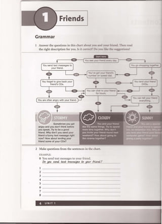 Friends
Grammar
1 Answer the questions in this chart about _n and
the right description for you. Is it correct! Do
-You send text messages to
your friend.
You forget to give back your
friend 's CDs.
( You see o:..:r ~
• 0
(3
;;:ex
• 0---
You are often angry with your friend.
yes
V.._STOSometimes you get
angry and you don't think before
you speak. Try to be a good
friend. Why don't you send your
friend a funny text message right
now? How about lending your
friend some of your CDs?
2 Make questions from the sentences in the chart.
EXAMPLE:
o You send text messages to your friend.
pq!J()(!:~~te:>1.~'!'I?§~qgt?c~&2!J()(!:r.~/. ....___
1 ........................................................................................................................_-
2 ............................. .................................................._--
3 ...................................................................................................................._-
4 .............................................
5
6
7 ....................
8
4 UNIT 1
4>
,
)
 