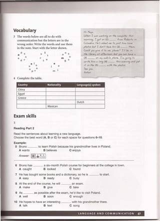 Vocabulary
3 The words below are all to do with
communication but the letters are in the
wrong order. Write the words and use them
in the note. Start with the letter shown.
d s
a
e
s
d r
e l
o e
n e
p v
e I
t
r
t e
4 Complete the table.
e sa
m
e
9
s
e
a
m
Hi Moyo.
WAen I waS workf/18 on fAe compufer IA,s
morni"8' I 801 an (I) ............... fro", 'Roberfo In
Colombia. He's asked"", 10 posl Ai"" So"",
pAofos bul I don'l Ao,," Ais (2) ............... IAere.
Could you 8'''" if fo me. ple.se 7 I'll be in
fAe library all affernoon. buf you can leave a
(3) ............... on "'y mobile pAone. 1'", 80in8 fo
wrife A'm 0 lon8 (4) ............... fA,s evenin8 ond puf
if in fAe (5) ............... witA IAe pAolos
See you.
Anfon
Country Nationality Language(s) spoken
China
Egypt
Greece
Dutch
Mexican
Exam skills
5
Reading Part 2
Read the sentences about learning a new language.
Choose the best word (A, B or C) for each space for questions 6-10.
Example:
o Bruno ..................... to learn Polish because his grandmother lives in Poland.
A wants B believes C enjoys
Answer: 10I~ ~,g,1
6 Bruno has ..................... a six-month Polish course for beginners at the college in town.
A caught B looked C found
7 He has bought some books and a dictionary, so he is
A easy B ready C busy
8 At the end of the course, he will
A make B give
..... an exam.
C take
.......... to start.
9 As .............. ..... as possible after the exam, he'd like to visit Poland.
A well B soon C enough
10 He hopes to have an interesting ....... with his grandmother there.
A talk B text C song
 