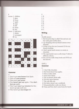 3
Across: 1 children
S glass
6 horse
7 apple
8 map
9 fish
11 boxes
12 feet
Down: 2 half price
3 dishes
4 newspaper
10 toy
Grammar
4
1 They've got some lemons from Spain.
2 There are some potatoes.
3 There aren't any carrots.
4 They haven't (got) any apples. I They don't
have any apples.
S They've got some large tomatoes but they
haven't got any small ones.
6 They haven't got any oranges left.
S
1 B
2 A
3 C
4 B
S B
6 C
7 A
8 C
Writing
6
Possible answers
1 My favourite shop is called Tazz and you can
buy really great clothes there.
2 I go shopping with my friend Lorenzo every
Saturday.
3 I'd like to buy the new Jovanotti CD for my
friend's birthday.
4 I don't spend much money on sweets or
chocolate.
S The supermarket near us sells cheap T-shirts in
different colours.
6 You can buy really cheap books and DVDs on
the internet.
Unit 3
Grammar
1
1 I don't like chocolate.
2 My friend doesn't buy apples.
3 Marco makes salad.
4 Anna loves cheese.
S The cat doesn't drink milk.
6 We don't grow bananas.
7 The cafe sells cola.
8 My father doesn't use a cookbook.
9 My grandmother cooks our dinner.
10 Tessa and Piero don't come home for lunch.
 