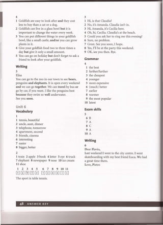 I 4
1 Goldfish are easy to look after and they cost
less to buy than a cat or a dog.
2 Goldfish can live in a glass bowl but it is
important to change the water every week.
3 You can put different things in your goldfish
bowl, like a small castle, and/or you can grow
plants in it.
4 Give your goldfish food two to three times a
day but give it only a small amount.
5 You can go on holiday but don't forget to ask a
friend to look after your goldfish.
Writing
5
Elisa
You can go to the zoo in our town to see bears,
penguins and elephants. It is open every weekend
and we can go together. We can travel by bus or
go by car, if you want. I like the penguins best
because they swim so well underwater.
See you soon.
Unit 6
Vocabulary
1
1 tennis, beautiful
2 uncle, aunt, dinner
3 telephone, tomorrow
4 apartment, second
5 friends, cinema
6 interesting
7 easier
8 bigger, better
2
1 train 2 apple 3 book 4letter 5 eye 6 truck
7 elephant 8 newspaper 9 nose 10 ice cream
11 shoe
1 2 3 4 5 67891011
ITl0~ITl0 ITl0[EJ[EJ[J][D
The sport is table tennis.
3
1 Hi, is that Clandia?
2 No, it's Amanda. Claudia isn't in.
3 Hi, Amanda, it's Cecilia here.
4 Oh, hi, Cecilia. Claudia's at the beach.
5 Could you ask her to ring me this evening?
6 Sure, no problem.
7 Great. See you soon, I hope.
8 Yes, I'll be at the party this weekend.
9 OK, see you then. Bye.
Grammar
4
1 the best
2 farther/further
3 the cheapest
4 younger
5 more expensive
6 (much) better
7 earlier
8 warmer
9 the most popular
10 latest
Exam skills
5
6 B
7 A
8 C
9A
10 A
Writing
6
Dear Flavio,
Last weekend I went to the city centre. I went
skateboarding with my best friend Luca. We had
a great time there.
Love, Pietro
 