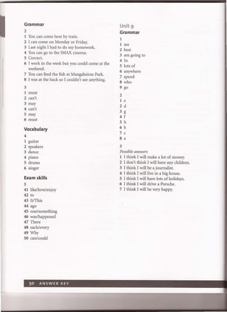 Grammar
2
1 You can come here by train.
2 I can come on Monday or Friday.
3 Last night I had to do my homework.
4 You can go to the IMAX cinema.
5 Correct.
6 I work in the week but you could come at the
weekend.
7 You can feed the fish at Mangabeiras Park.
8 I was at the back so I couldn't see anything.
3
1 must
2 can't
3 may
4 can't
5 may
6 must
Vocabulary
4
1 guitar
2 speakers
3 dance
4 piano
5 drums
6 singer
Exam skills
5
41 like/love/enjoy
42 to
43 It/This
44 ago
45 one/something
46 was/happened
47 There
48 each/every
49 Why
50 can/could
Unit 9
Grammar
1
I see
2 best
3 am going to
4 In
5 lots of
6 anywhere
7 spend
8 who
9 go
2
1 e
2 d
3 g
4 f
5 h
6 b
7 c
8 a
3
Possible answers
1 I think I will make a lot of money.
2 I don't think I will have any children.
3 I think I will be a journalist.
4 I think I will live in a big house.
5 I think I will have lots of holidays.
6 I think I will drive a Porsche.
7 I think I will be very happy.
 