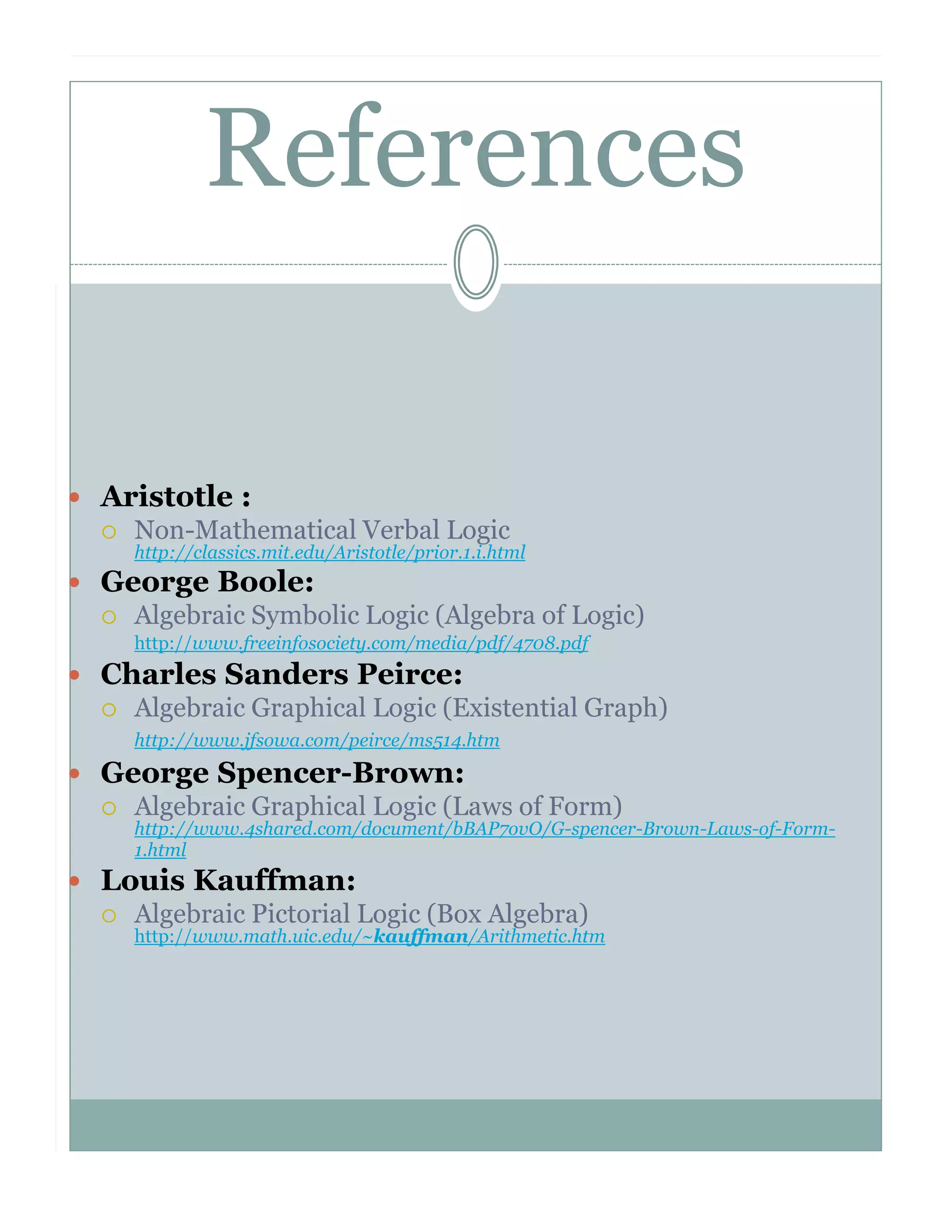 References
Aristotle :
Non-Mathematical Verbal Logic

http://classics.mit.edu/Aristotle/prior.1.i.html

George Boole:
Algebraic Symbolic Logic (Algebra of Logic)
http://www.freeinfosociety.com/media/pdf/4708.pdf

Charles Sanders Peirce:
Algebraic Graphical Logic (Existential Graph)
http://www.jfsowa.com/peirce/ms514.htm

George Spencer-Brown:
Algebraic Graphical Logic (Laws of Form)

http://www.4shared.com/document/bBAP7ovO/G-spencer-Brown-Laws-of-Form1.html

Louis Kauffman:
Algebraic Pictorial Logic (Box Algebra)

http://www.math.uic.edu/~kauffman/Arithmetic.htm

 