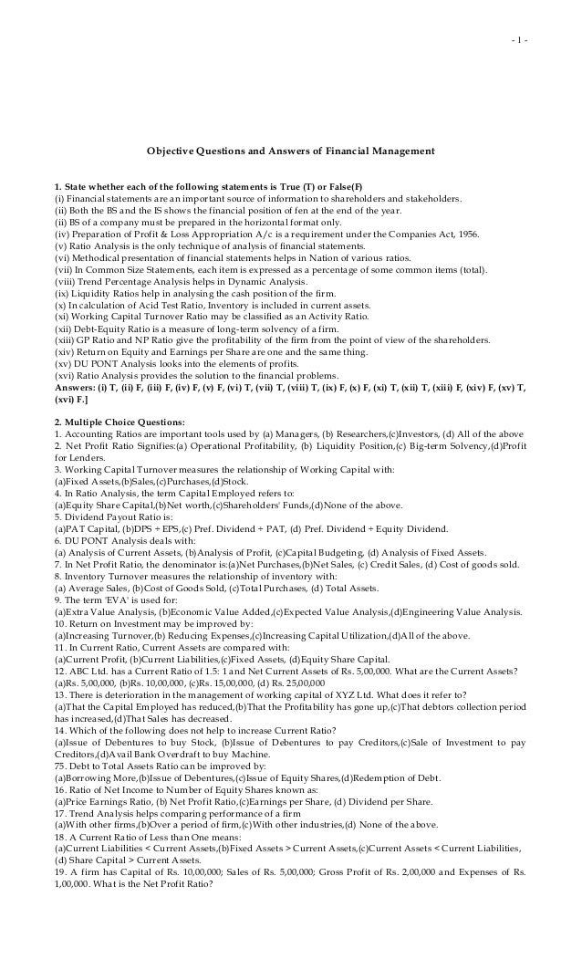objective questions and answers of financial management finance questions and answers