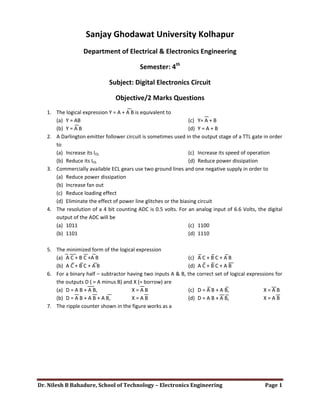 Dr. Nilesh B Bahadure, School of Technology – Electronics Engineering Page 1
Sanjay Ghodawat University Kolhapur
Department of Electrical & Electronics Engineering
Semester: 4th
Subject: Digital Electronics Circuit
Objective/2 Marks Questions
1. The logical expression Y = A + A B is equivalent to
(a) Y = AB
(b) Y = A B
(c) Y= A + B
(d) Y = A + B
2. A Darlington emitter follower circuit is sometimes used in the output stage of a TTL gate in order
to
(a) Increase its IOL
(b) Reduce its IOL
(c) Increase its speed of operation
(d) Reduce power dissipation
3. Commercially available ECL gears use two ground lines and one negative supply in order to
(a) Reduce power dissipation
(b) Increase fan out
(c) Reduce loading effect
(d) Eliminate the effect of power line glitches or the biasing circuit
4. The resolution of a 4 bit counting ADC is 0.5 volts. For an analog input of 6.6 Volts, the digital
output of the ADC will be
(a) 1011
(b) 1101
(c) 1100
(d) 1110
5. The minimized form of the logical expression
(a) A C + B C +A B
(b) A C + B C + A B
(c) A C + B C + A B
(d) A C + B C + A B
6. For a binary half – subtractor having two inputs A & B, the correct set of logical expressions for
the outputs D ( = A minus B) and X (= borrow) are
(a) D = A B + A B, X = A B
(b) D = A B + A B + A B, X = A B
(c) D = A B + A B, X = A B
(d) D = A B + A B, X = A B
7. The ripple counter shown in the figure works as a
 